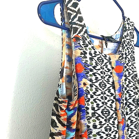 Sun Dress Sheath chiffon tribal geometric print overlay midi stretch sleeveless - Picture 9 of 11